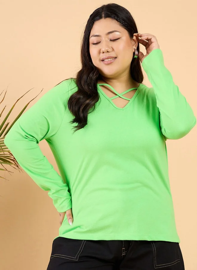 CURVY STREET Green V-Neck Cotton T-Shirt for Women