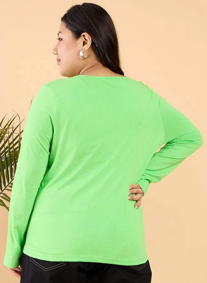 CURVY STREET Green V-Neck Cotton T-Shirt for Women