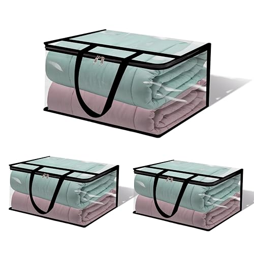 TAKIVA Clear Transparent Clothes Storage Bags | Plastic Blanket Storage Bags, Saree Covers with zip | Saree Organizer for Wardrobe | Transparent Storage Bag for Blenket, Clothes (Pack of 3) - Image 1