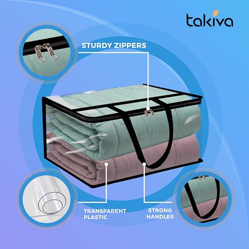 TAKIVA Clear Transparent Clothes Storage Bags | Plastic Blanket Storage Bags, Saree Covers with zip | Saree Organizer for Wardrobe | Transparent Storage Bag for Blenket, Clothes (Pack of 3) - Image 3