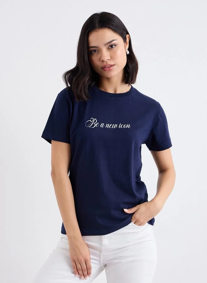 ستايلي Styli Embroidered Slogan Short Sleeves T-Shirt