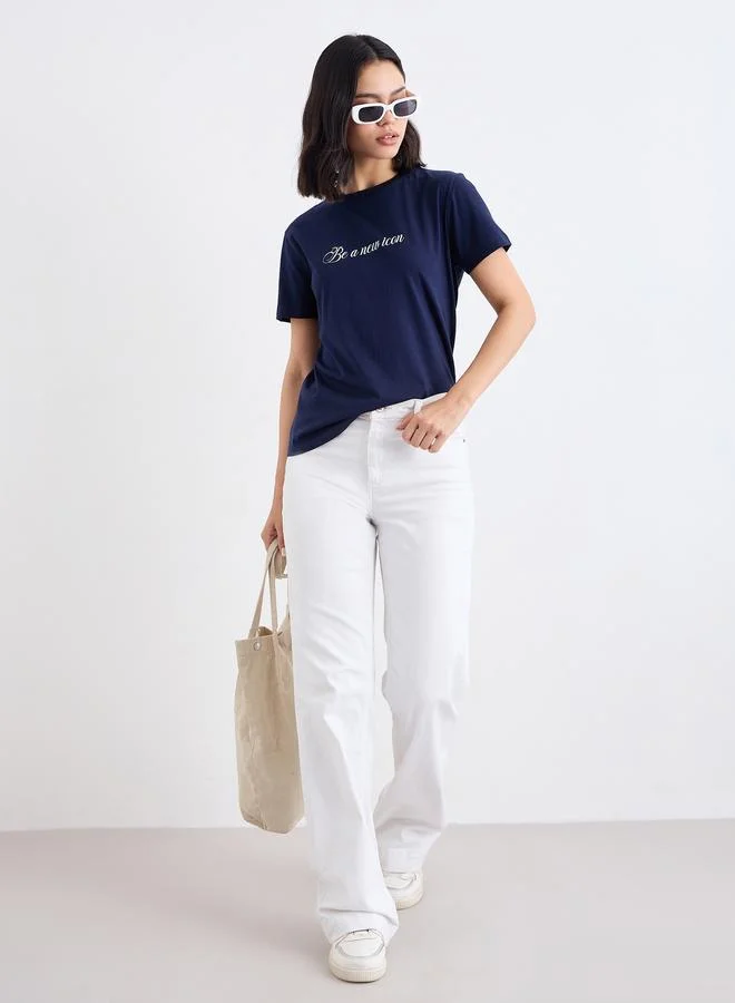 ستايلي Styli Embroidered Slogan Short Sleeves T-Shirt