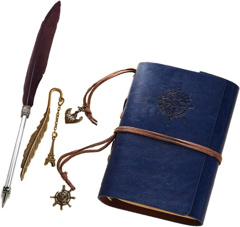 comfrt Refillable PU Leather Journal Notebook with Special Feather Ballpoint Pen and Bookmark, Unlined Paper Travel Diary Jotter, Handmade Leather Notepad, Vintage Art Sketchbook, Punk Cover (blue) - Image 1