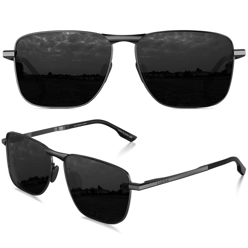 LUENX Men Rectangular Polarized Sunglasses Square Retro Shades - Black Lens Gunmetal Frame 59mm - Image 2