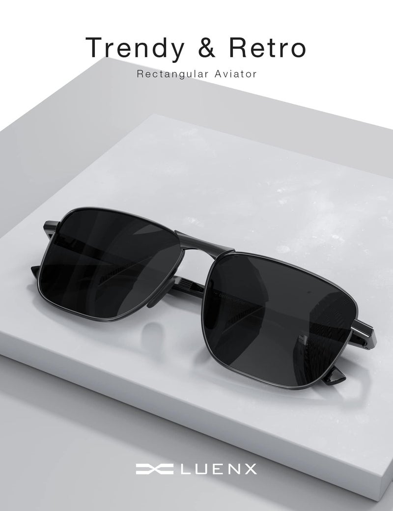 LUENX Men Rectangular Polarized Sunglasses Square Retro Shades - Black Lens Gunmetal Frame 59mm - Image 4