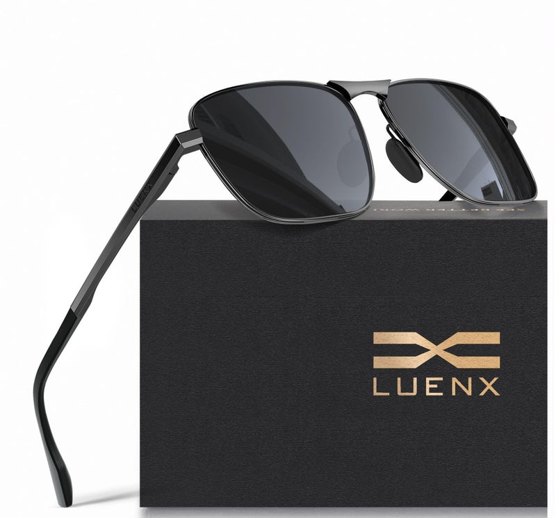 LUENX Men Rectangular Polarized Sunglasses Square Retro Shades - Black Lens Gunmetal Frame 59mm - Image 1