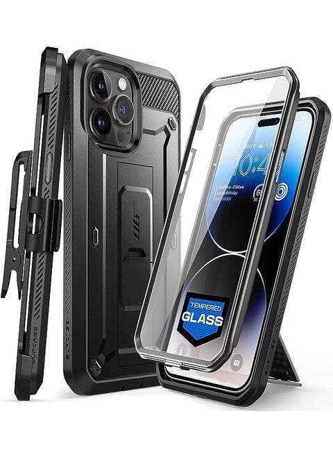 Unicorn Beetle Pro Case for iPhone 14 Pro Max 6.7", Built-in [Tempered Glass Screen Protector] Heavy Duty Rugged Case with Kickstand & Belt-Clip (Black)