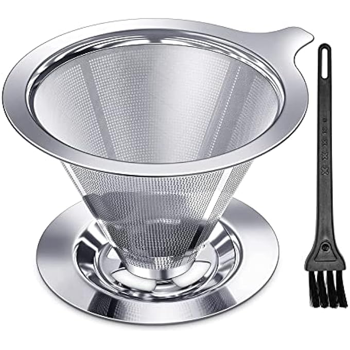 هاسذيب وعاء قهوة من الفولاذ المقاوم للصدأ مع فلتر مخروطي معدني قابل لإعادة الاستخدام بدون ورق ومصفاة شبكية دقيقة، 16 كوبًا من صانع القهوة مع حامل غير قابل للانزلاق وفرشاة تنظيف وماكينة تحضير يدوية صديقة للبيئة - Image 2