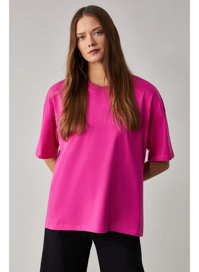 Grimelange Jemmy Women's %100 Organic Cotton Relaxed Fit Slit Round Neck Pink T-Shirt.
