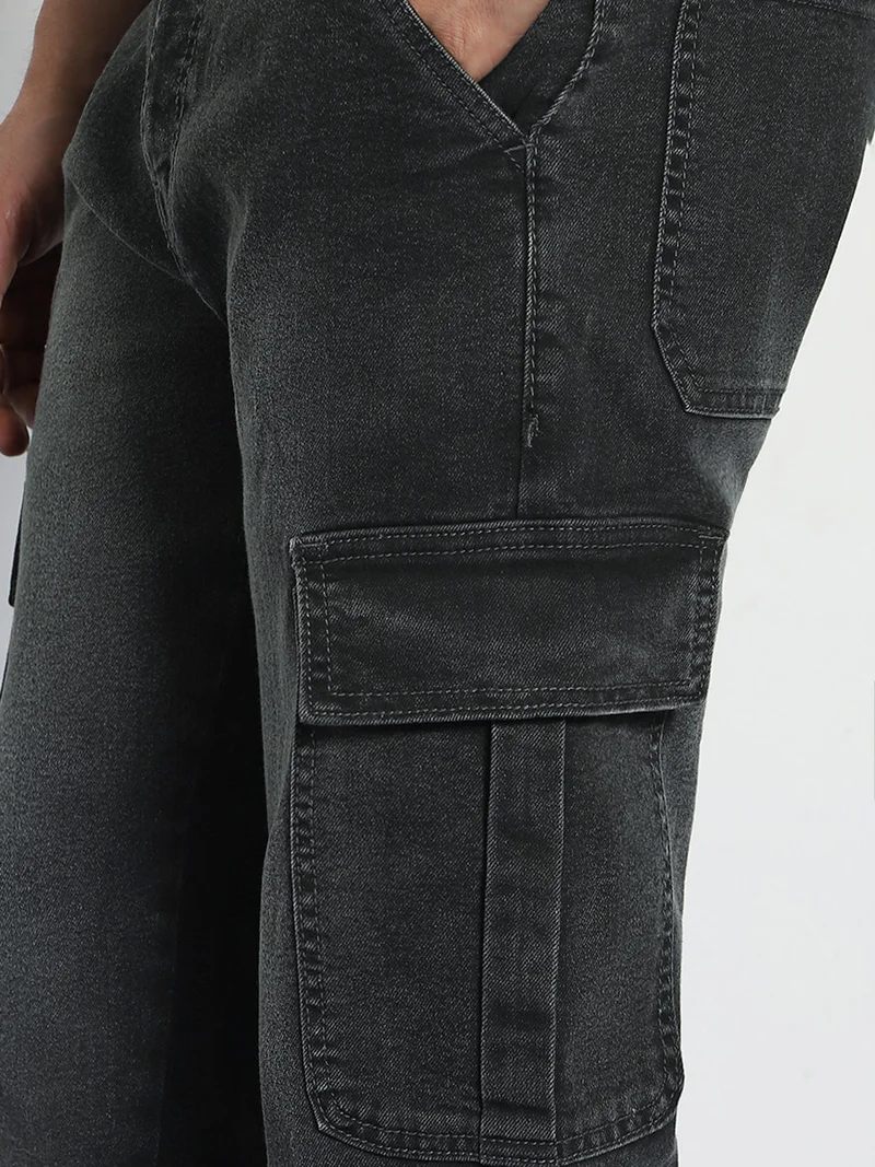 Urbano Fashion  Urbano Fashion Men's Grey Regular Fit Washed Cargo Jeans with 6 Pockets Stretchable  | Best Price UAE