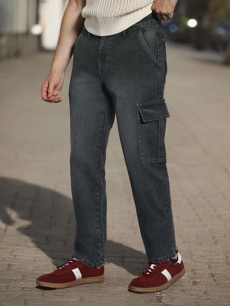 Urbano Fashion Men's Grey Regular Fit Washed Cargo Jeans with 6 Pockets Stretchable