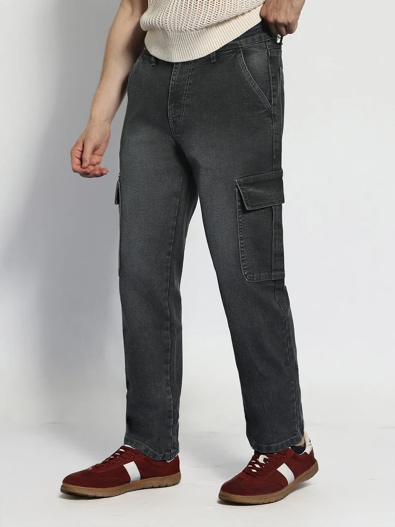 Urbano Fashion  Urbano Fashion Men's Grey Regular Fit Washed Cargo Jeans with 6 Pockets Stretchable  | Best Price UAE