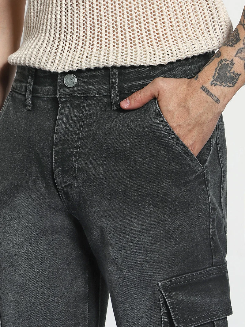 Urbano Fashion  Urbano Fashion Men's Grey Regular Fit Washed Cargo Jeans with 6 Pockets Stretchable  | Best Price UAE
