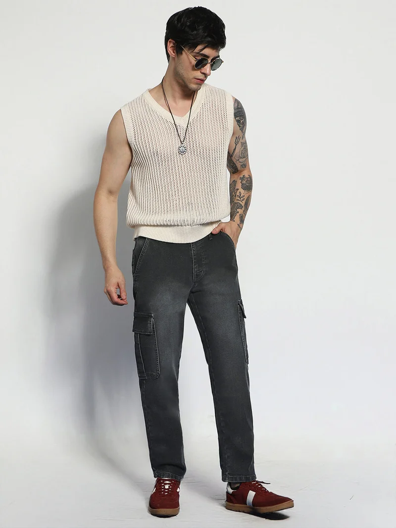 Urbano Fashion  Urbano Fashion Men's Grey Regular Fit Washed Cargo Jeans with 6 Pockets Stretchable  | Best Price UAE