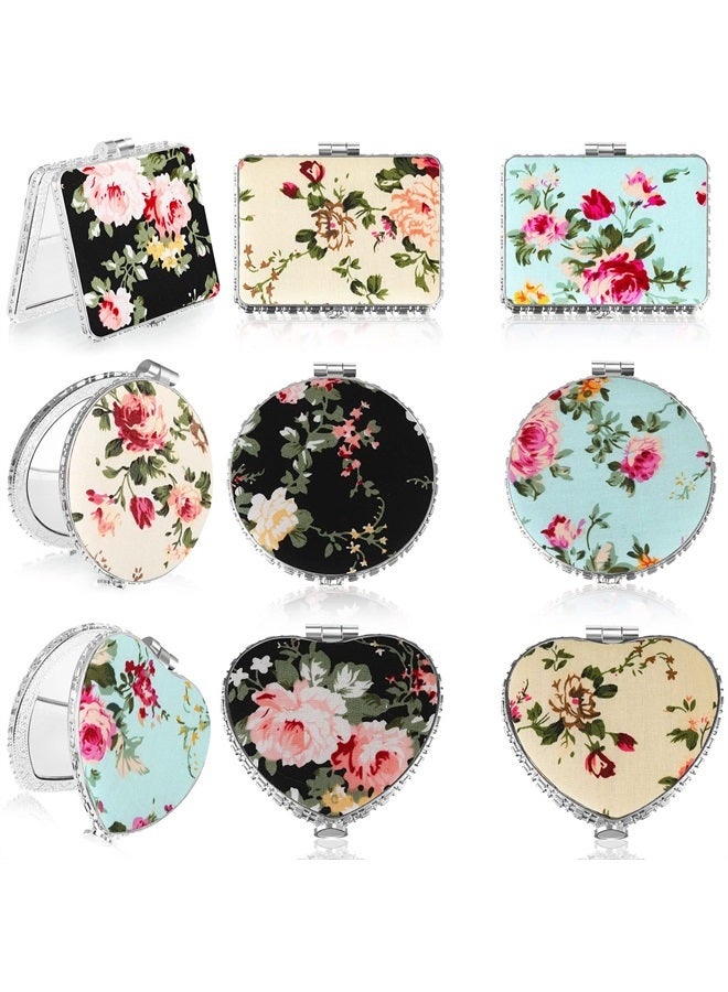 9 Pcs Retro Compact Mirrors Portable Compact Travel Mirror Flowers Folding Mirrors Vintage Purse Mirrors Floral Pocket Mirror for Women Girls Beauty, Round, Square, Heart (Silver Edge,Peony Pattern)