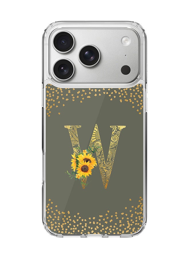 Stylizedd Classic Clear MagSafe Case for iPhone 17 Pro , Hybrid Soft Case Flexible Edges Anti Drop TPU PC Gel Thin Transparent Cover [ Designed for iPhone 17 Pro ] - Custom Monogram Initial Letter Floral Pattern Alphabet - W  (Olive Green )