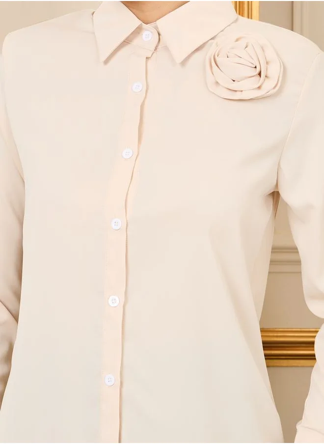 Styli Solid Corsage Detail Regular Fit Shirt