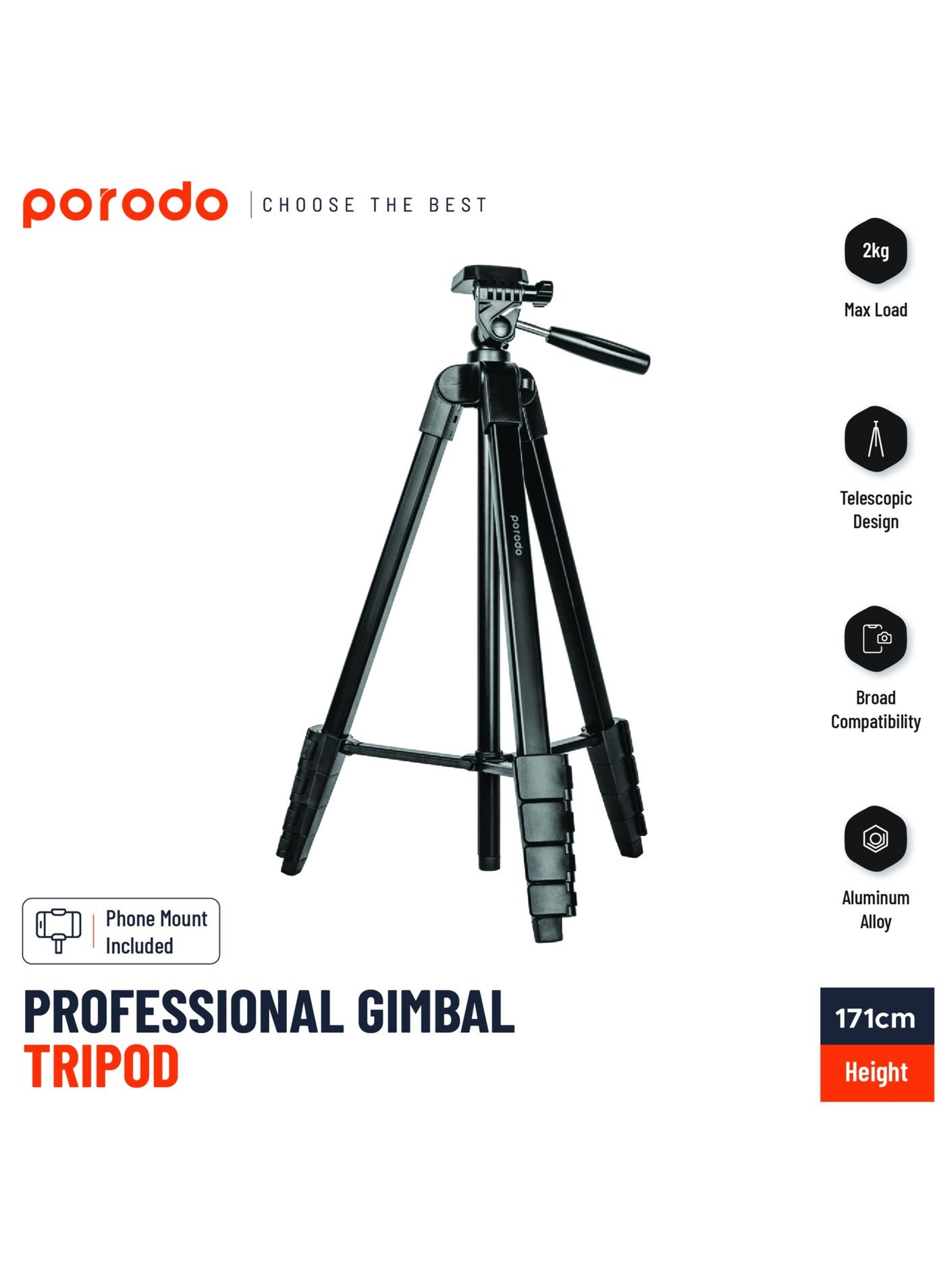porodo Porodo Professional Gimbal Tripod 171cm Height Broad Compatibility Phone Mount Included Aluminum Tripod Z9A55E69D32E20035EB2AZ