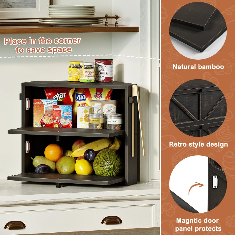 WOWLIVE Vintage Corner Bread Box for Kitchen Counter, Double-Layer Bamboo Bread Storage Bin, Large Capacity Rustic Farmhouse Bread Holder, Breadbox Organizer for Cabinet (Black, Medium) - Image 4