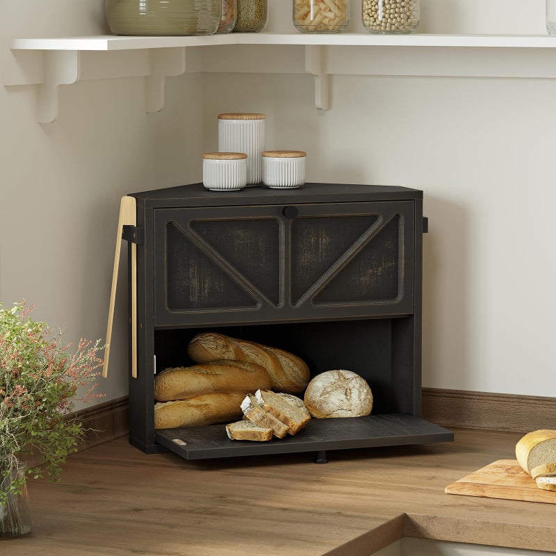 WOWLIVE Vintage Corner Bread Box for Kitchen Counter, Double-Layer Bamboo Bread Storage Bin, Large Capacity Rustic Farmhouse Bread Holder, Breadbox Organizer for Cabinet (Black, Medium) - Image 2
