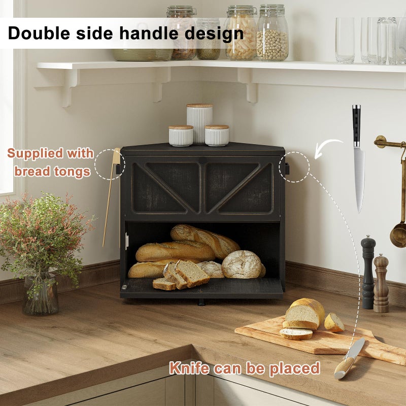 WOWLIVE Vintage Corner Bread Box for Kitchen Counter, Double-Layer Bamboo Bread Storage Bin, Large Capacity Rustic Farmhouse Bread Holder, Breadbox Organizer for Cabinet (Black, Medium) - Image 5
