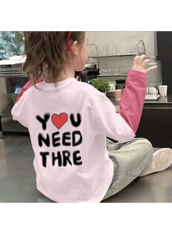 Girls Long-sleeved T-shirt New Little Girl Pure Cotton Round Neck Top Baby Early Autumn Stitching Contrasting Color Bottoming Shirt