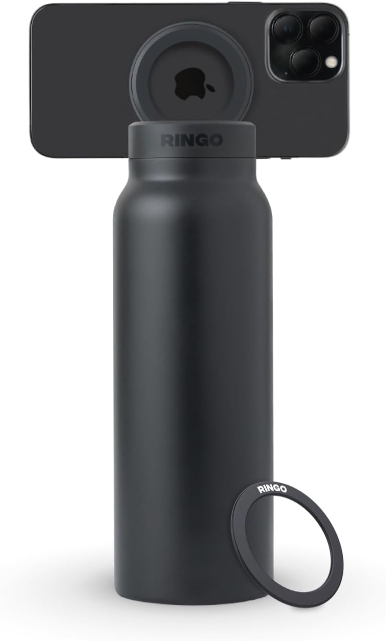 Ringo All-in-One Water Bottle, Tripod, & Magnetic Phone Mount: Stainless Steel Insulated Water Bottle with Magnetic Tripod Phone Holder, Hot 12 Hours, Cold 24 Hours, Works with Any Device - Black 24oz - Image 1