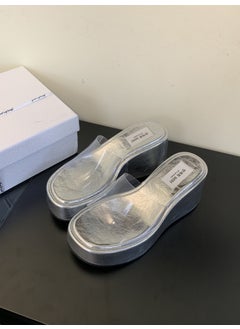 2024 Spring And Autumn New Womens Slippers One-Row Transparent Platform Waterproof Thick Bottom Slope Track Outer Wear Sandals Silver