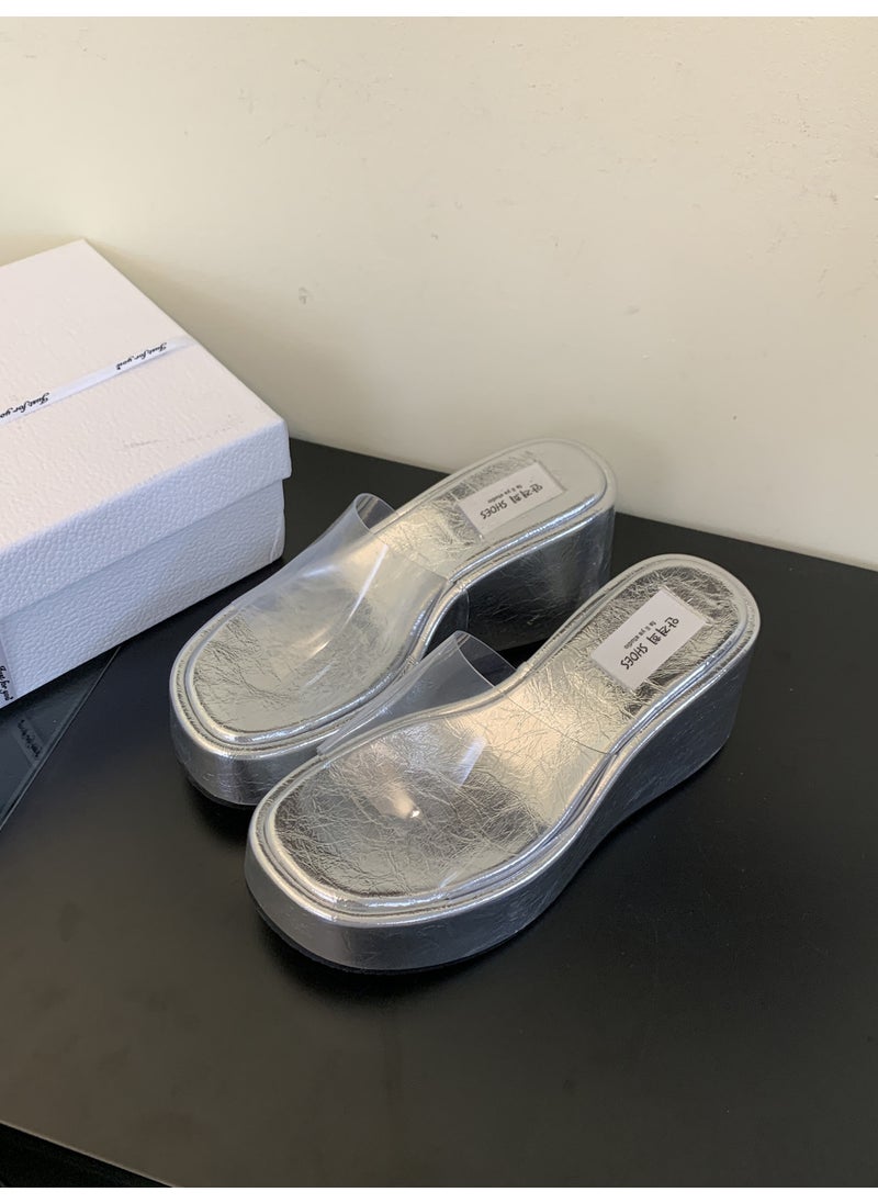Generic - 2024 Spring And Autumn New Womens Slippers One-Row Transparent Platform Waterproof Thick Bottom Slope Track Outer Wear Sandals Silver - Image 1