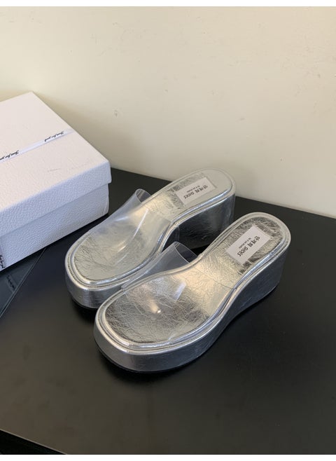 Spring and Autumn 2024 New Style Womens Sandals and Slippers with Transparent Open Toe Silver