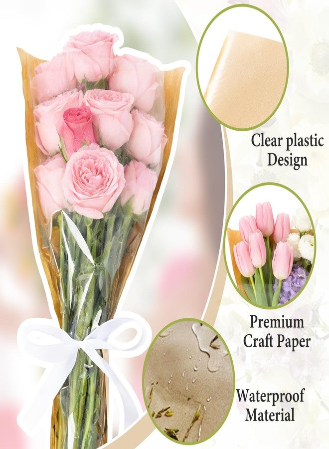 Sdfvsdg 50Pcs Flower Wrapping Bags Kraft Paper Floral Sleeves with Ribbons Clear Flower Wrapping Sleeves Bouquet Wrapping Paper for Mother's Day Wedding Birthday - Image 3