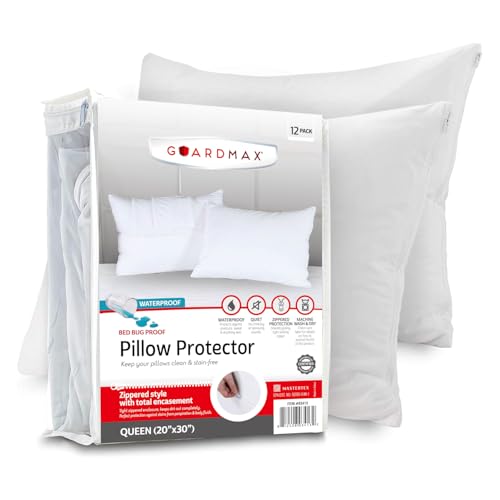 Guardmax Guardmax Waterproof Pillow Protector Queen Size  Zippered Bed Bug Pillow Protector 12 Pack  Hypoallergenic Pillow Case Cover Protects from Bedbug Dust Mite and Liquid Spills  20 X 30 