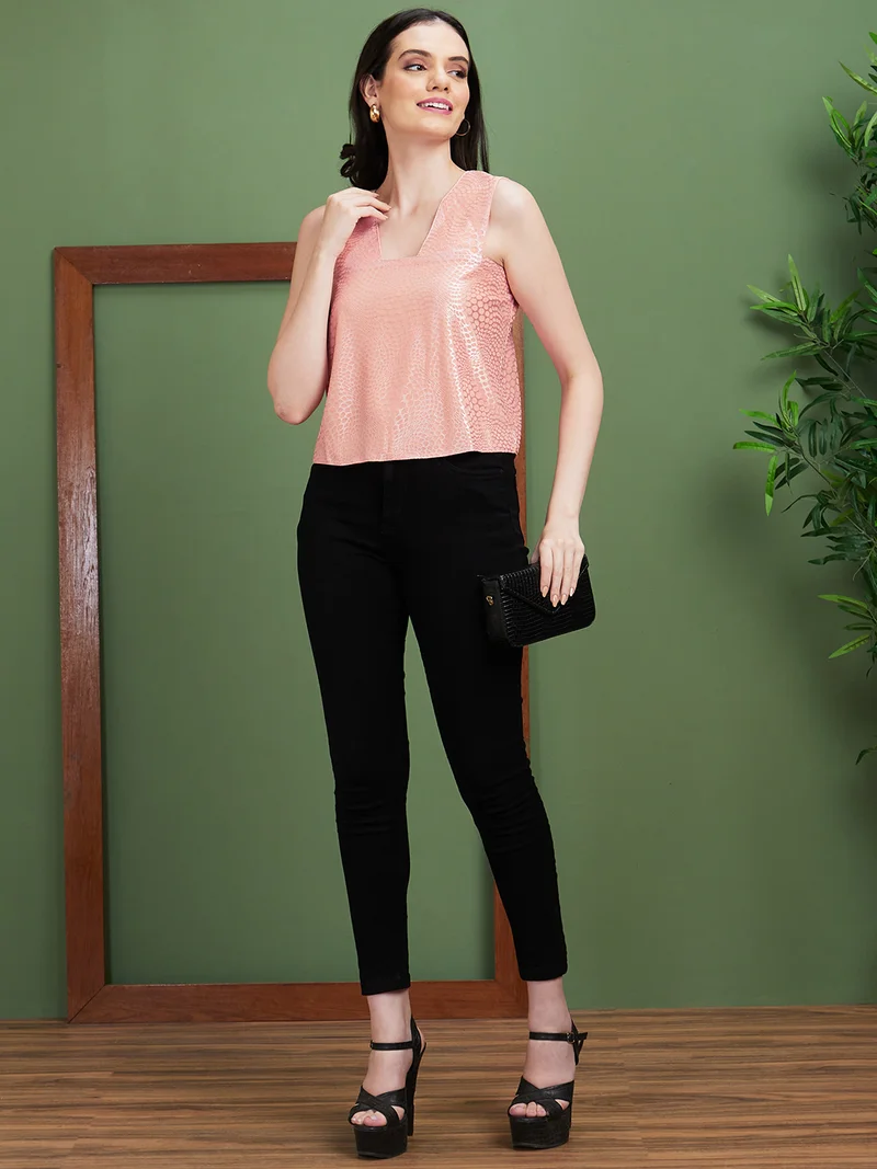 globus Globus Women Peach Self Design Square Neck Knitted Party Top
