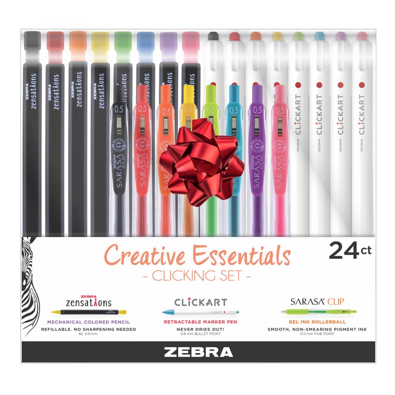 Zebra Pen Creative Essentials Clicking Set 24-Pack, Includes 8 ClickArt Markers, 8 Colored Pencils and 8 Sarasa Clip Retractable Gel Pens, Assorted Ink Colors, Ideal For Stocking Stuffers (76124) - Image 1