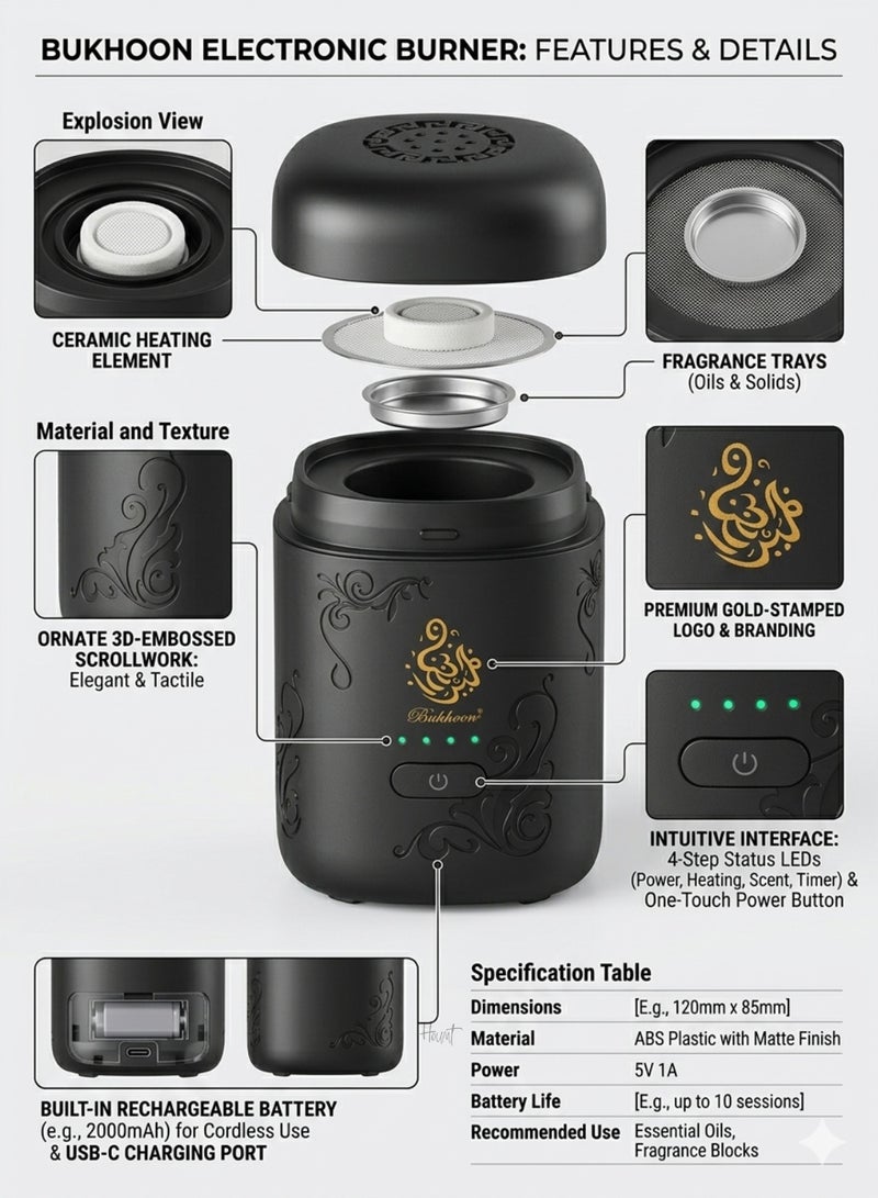 Bakhoor Bukhoor Portable Electronic Incense Burner Smart Bakhoor Oud Diffuser Rechargeable Electric Aroma Device Black - Image 5