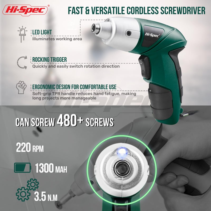 Hi-Spec 3.6V Cordless Electric Screwdriver Set with Interchangeable Bits, Green - Image 3