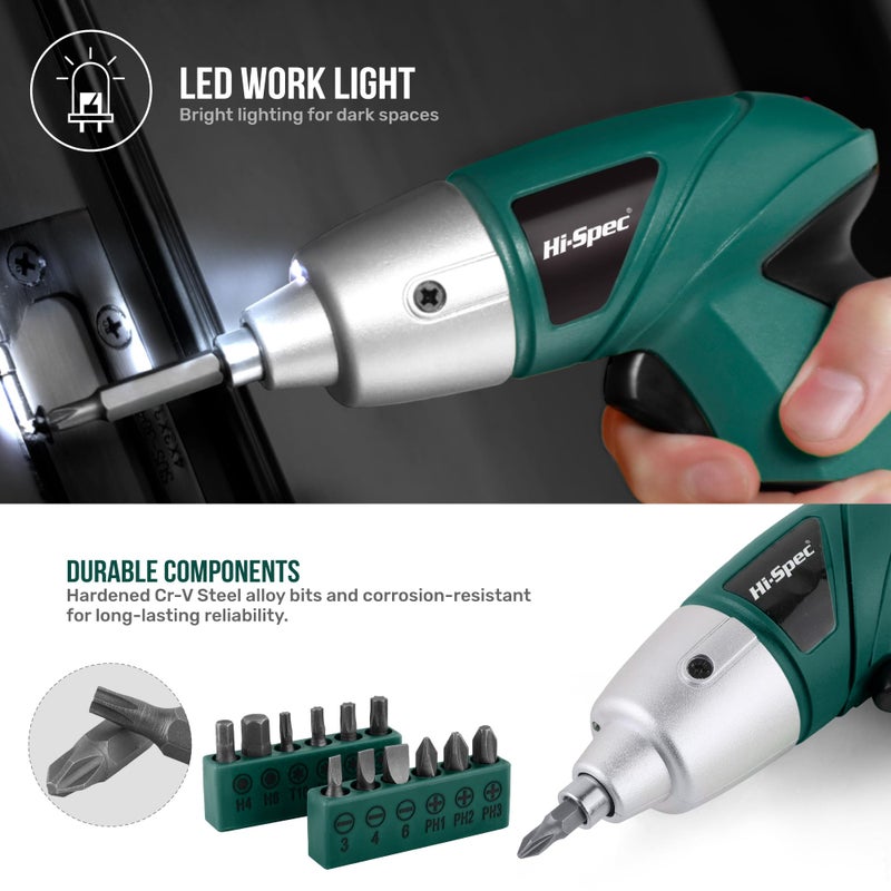 Hi-Spec 3.6V Cordless Electric Screwdriver Set with Interchangeable Bits, Green - Image 4