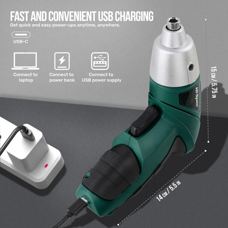Hi-Spec 3.6V Cordless Electric Screwdriver Set with Interchangeable Bits, Green - Image 5