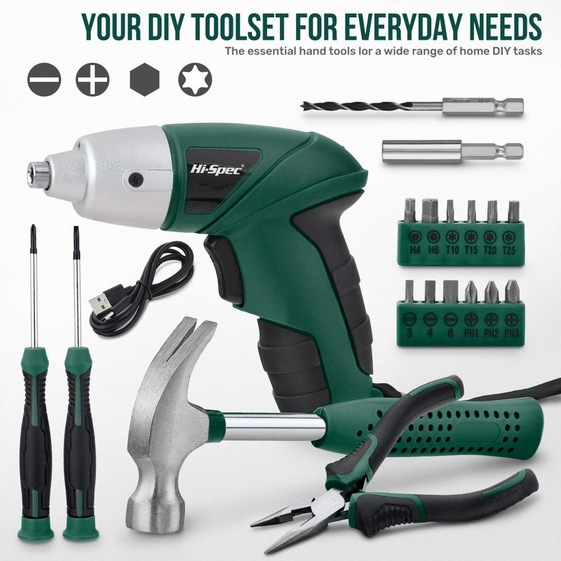 Hi-Spec 3.6V Cordless Electric Screwdriver Set with Interchangeable Bits, Green - Image 2