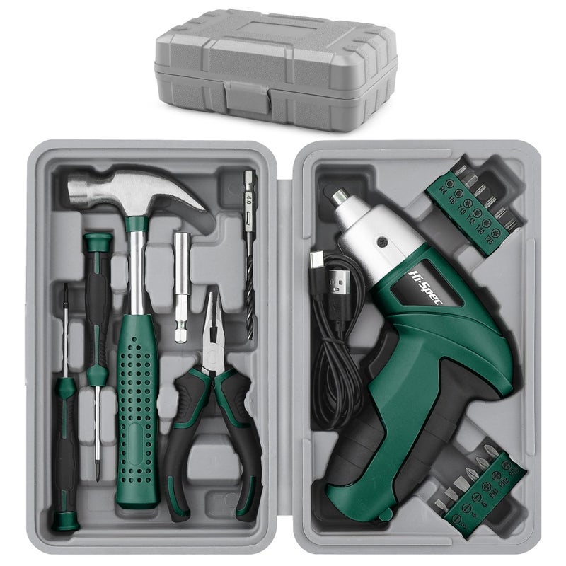 Hi-Spec 3.6V Cordless Electric Screwdriver Set with Interchangeable Bits, Green - Image 1