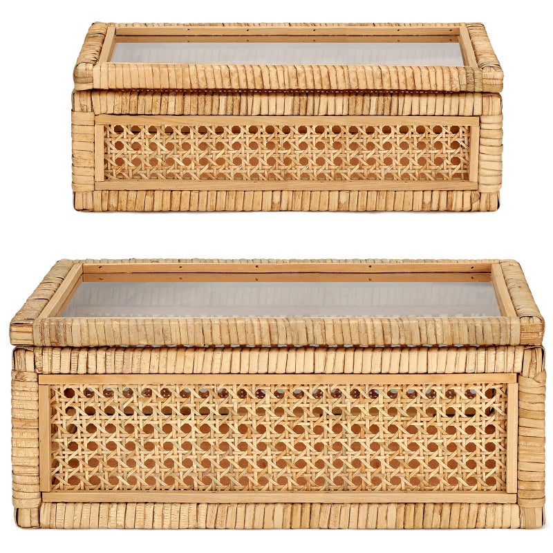 Set of 2 Boho Rectangular Rattan Decorative Boxes with Glass Lids Woven Cane and Rattan Display Boxes with Lids Storage Basket Bins for Home Decor 154 x 95 x 71 Inch 126 x 67 x 43 Inch