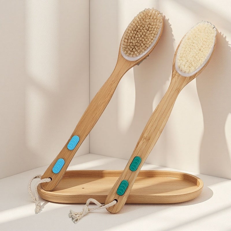 فرشاة جسم طويلة المقبض مزدوجة الجوانب للتقشير الطبيعي، للاستخدام الجاف والرطب، تقليل السيلوليت وتدليف الليمفاوي، مقشرة الجسم للبشرة الناعمة - Image 2