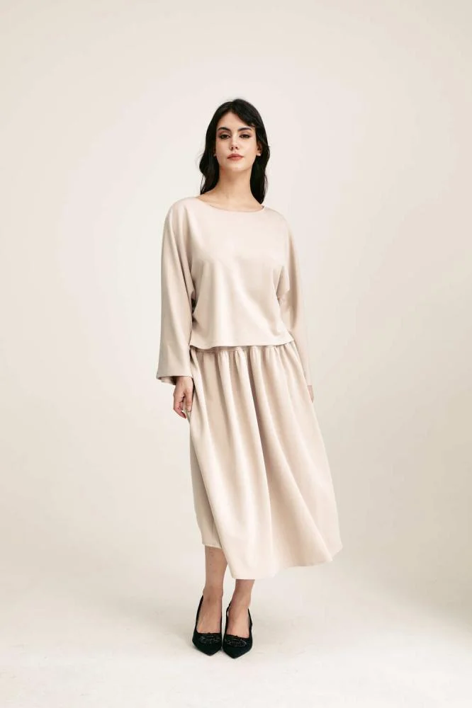 Tenda Wide Skirt with Elastic Drawstring Waist Beige