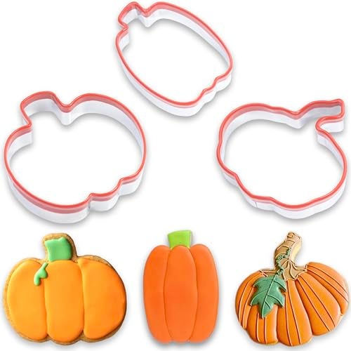 COOKIEQUE 3Pcs Pumpkin Cookie Cutters Set, Includes Classic, Tall & Velvet Pumpkin Shapest, Halloween & Thanksgiving Biscuit Cutters, Coated with Soft Rubber for Protection - Image 1