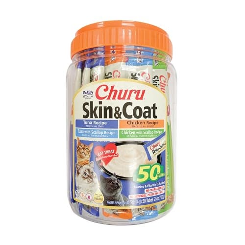 INABA Churu Lickable Purée Natural Cat Treats for Skin and Coat with Omega Oils, Taurine and Vitamin E, 0.5 Ounces Each Tube, 50 Tubes, Skin & Coat Variety - Image 1
