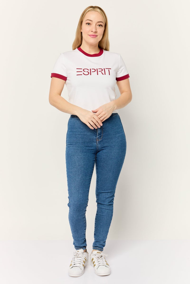 ESPRIT Women Crew Neck Short Sleeve Brand Logo T-Shirt, White - Image 3
