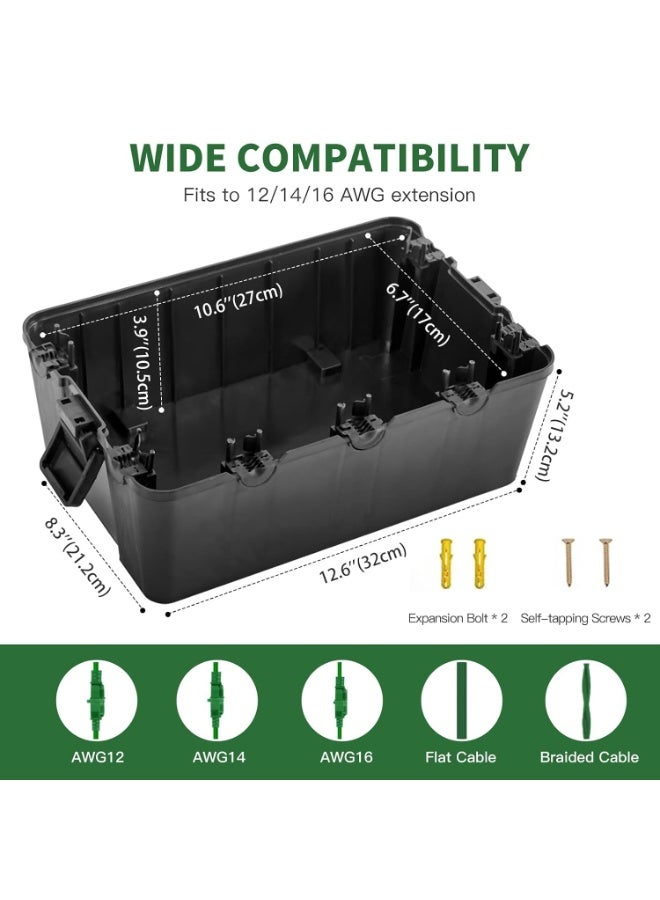Azonee Large Outdoor Electrical Box, IP54 Waterproof Extension Cord Cover, 7 Cable Entry Ports, Weatherproof for Power Strip, Timer, Holiday Lights, Black, 12.6x8.3x5.2 Inch, Durable, Secure Protection - Image 3