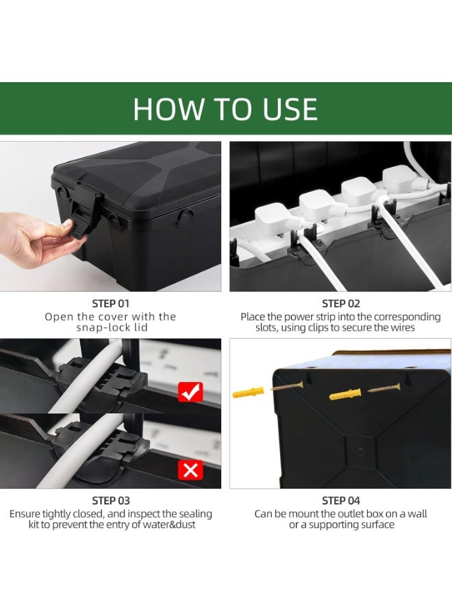 Azonee Large Outdoor Electrical Box, IP54 Waterproof Extension Cord Cover, 7 Cable Entry Ports, Weatherproof for Power Strip, Timer, Holiday Lights, Black, 12.6x8.3x5.2 Inch, Durable, Secure Protection - Image 4