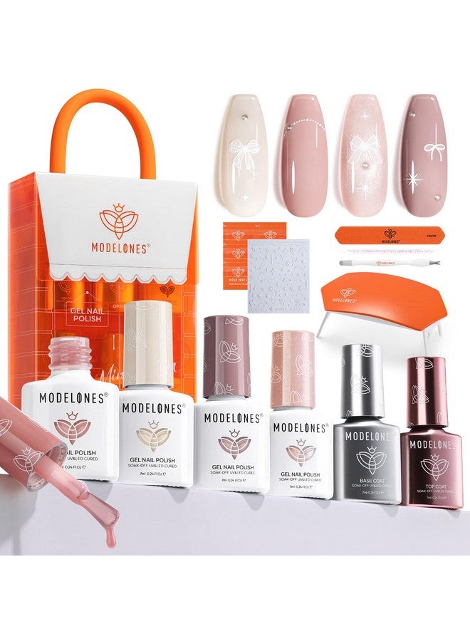 modelones modelones Gel Nail Polish Kit with U V Light, 4 Colors Gel Mini Salon, Base&Top Coat and Stickers, Milky White Nude Pink Glitter Fall Manicure Set, DIY Home Nail Art Decoration Kit, Gift for Women - Image 1