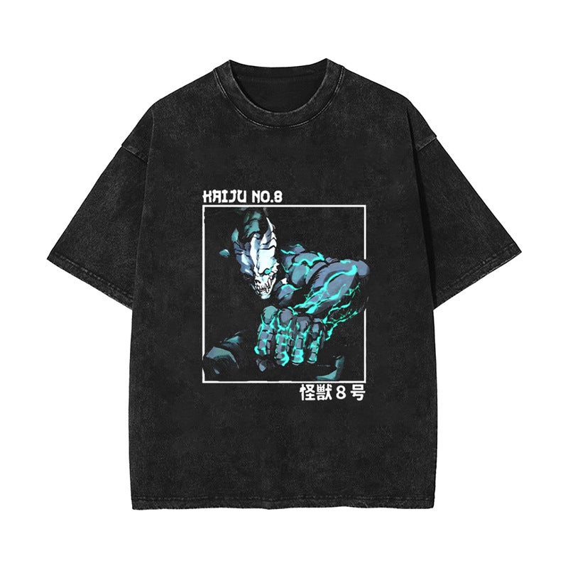 2025 Export New Anime Kaiju No.8 Monster No. 8 Retro Cotton Washed Distressed Short-Sleeved T-Shirt - Image 3